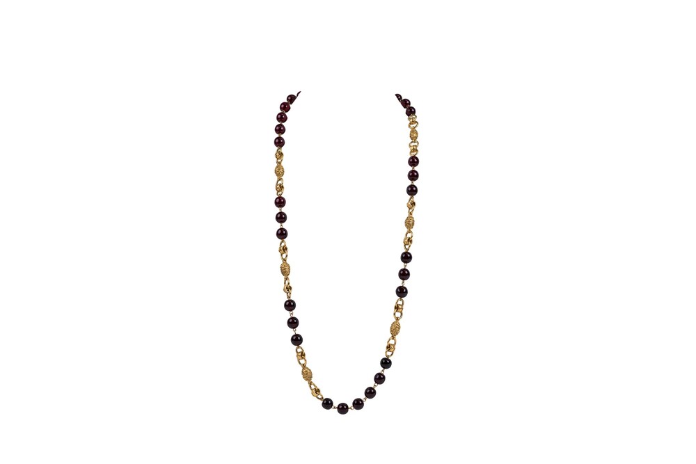Chanel Gold Red Necklace Long CC Beaded Chain Poured Glass Gold Hardware